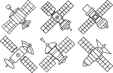 Set of space satellite outline coloring book page line art vector illustration