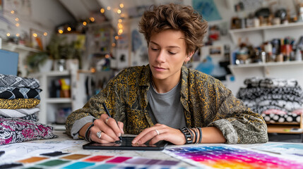 Fototapeta premium Happy non-binary woman working as a designer from home