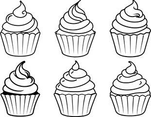 Set of sweet cupcake with cream outline coloring book page line art vector illustration