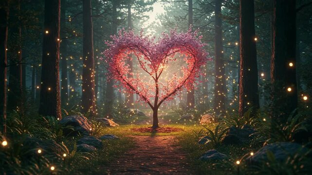 Enchanted forest: Heart shaped tree amidst sparkling lights, romantic woodland scene