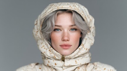 Stylish Woman in Beige Hooded Jacket  Winter Fashion Portrait
