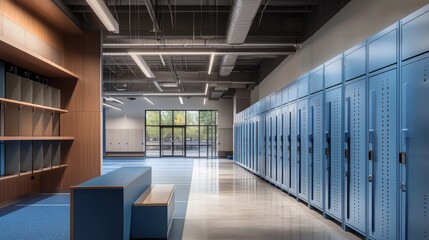 contemporary gymnasium locker room setting, powder-coated blue metal cabinets, vertical locker arrangement, exposed interior shelving, professional-grade storage solutions, industrial-style door