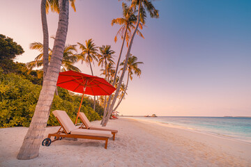 Beautiful panoramic sea sand sky. Tropical relax beach sunny summer island landscape. Love couple chairs umbrella palm leaves romantic coast. Luxury travel destination. Honeymoon vacation best holiday