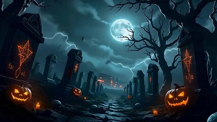 Halloween graveyard spooky night with pumpkins and moon background wallpaper illustration. Scary halloween graveyard scene. Glowing pumpkins and tombstones. Foggy halloween cemetery path - Powered by Adobe