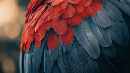 Fototapeta premium Vibrant close-up of scarlet macaw feathers showcasing bold red, yellow, and blue plumage in detailed texture for exotic bird and tropical wildlife backgrounds