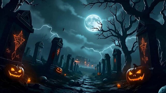 Halloween graveyard spooky night with pumpkins and moon background wallpaper illustration. Scary halloween graveyard scene. Glowing pumpkins and tombstones. Foggy halloween cemetery path - Powered by Adobe