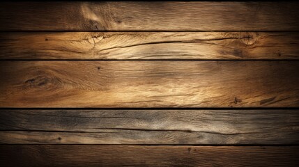Fototapeta premium Rustic wooden surface with horizontal planks showcasing natural wood grain patterns, rich dark brown to golden brown tones, visible knots, and cracks. Aged and weathered texture, rough and tactile, en