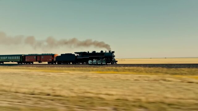 Experience the charm of a vintage steam locomotive chugging through vast golden fields under a clear blue sky. Nature's serenity melds with mechanical nostalgia.
