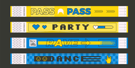 Naklejka premium Festival party event bracelet tickets set. Music party, concert wristbands in retro style. Hand nightclub pass access. Paper wrist band templates on y2k events. Vector disco show id.