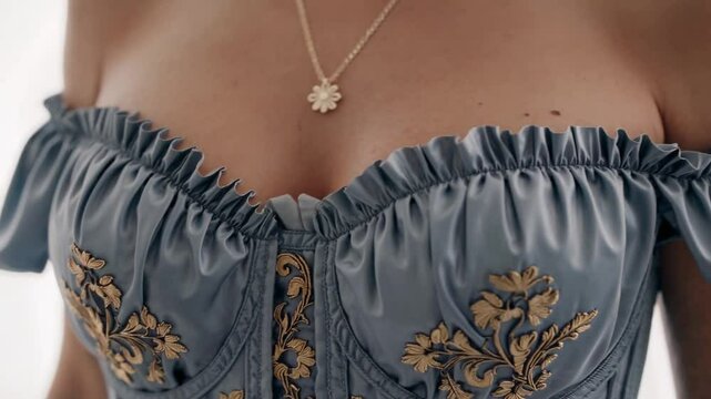 woman&rsquo;s torso reveals a beautifully detailed corset in muted blue, embroidered with golden floral patterns.