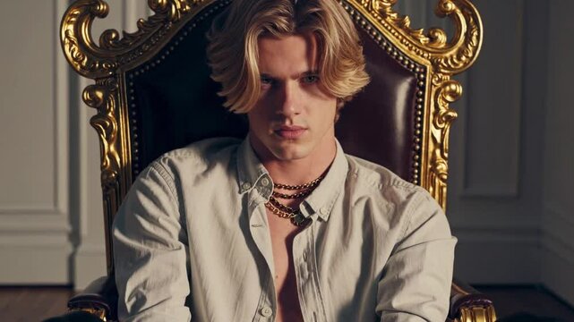 striking young man sits motionless on an ornate golden throne, his posture relaxed but commanding. The camera slowly dollies in from below, framing his confident pose