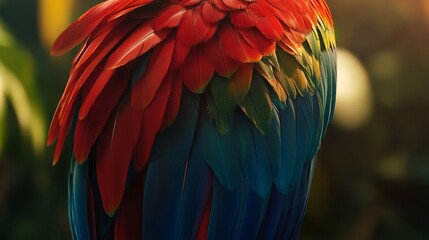 Fototapeta premium Vibrant close-up of scarlet macaw feathers showcasing bold red, yellow, and blue plumage in detailed texture for exotic bird and tropical wildlife backgrounds