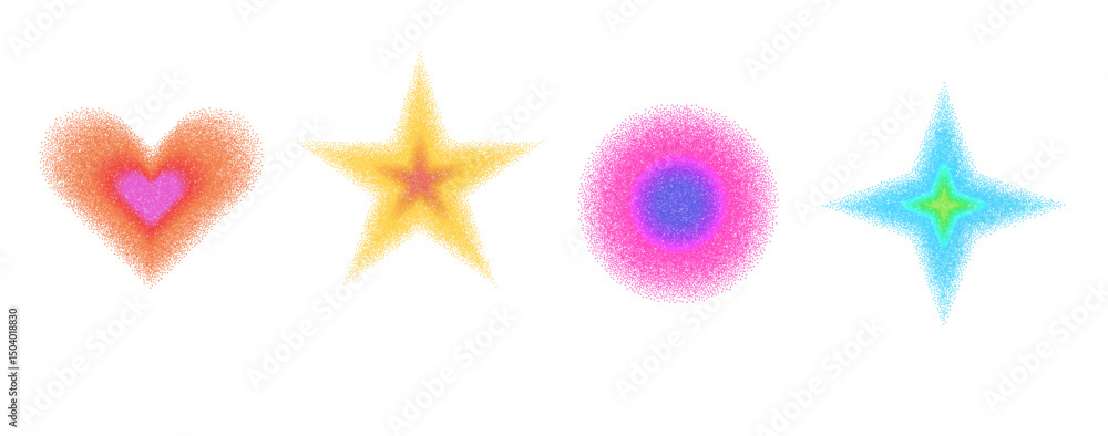 Poster colorful groovy figures with grain noise gradient. y2k retro stippling psychedelic forms set. circle