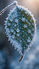 Frozen Leaf with Delicate Ice Crystals and Water Droplets