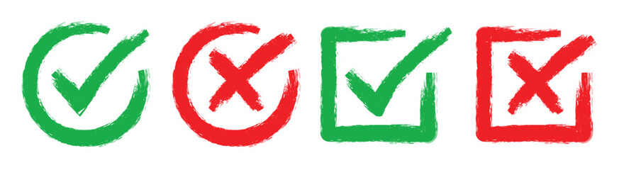 Set hand drawn check mark, tick and cross brush signs, checkmark OK and X icons, symbols YES and NO button, sketch checkmarks, - stock vector  © UniquePackages