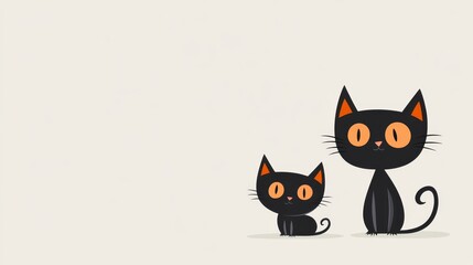 Cartoon black cats with orange eyes, one sitting and one standing with curled tail, light gray background, playful and whimsical scene