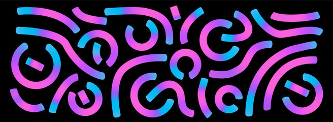 Colorful gradient lines set. Wavy abstract shapes collection. Decorative semicircle doodles. Irridescent curved spirals elements. Vector rainbow swirls. Carnival gradations strokes.