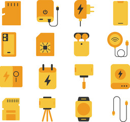 Phone Accessories illustration set. Includes of smartphone, phone case, earphones, headphones, charger, power bank, and More. Vector flat color collection