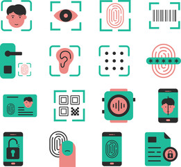 Biometrics Security illustration set. Includes of fingerprint, face recognition, iris scan, retina scan, hand geometry, biometric ID, authentication, and More. Vector flat color collection