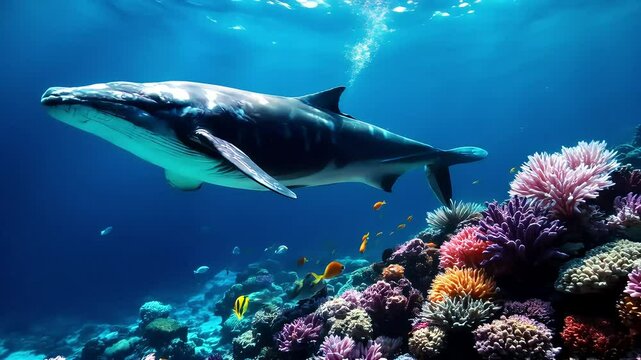 Whale passing coral reef, dwarfs vibrant fish below