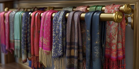 Vibrant Colorful Scarves Displayed on Stylish Gold Rack