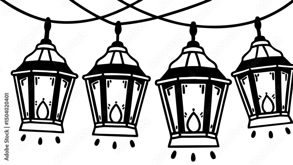 Poster illustration of four hanging lanterns with visible light bulbs and a simple black and white color sc