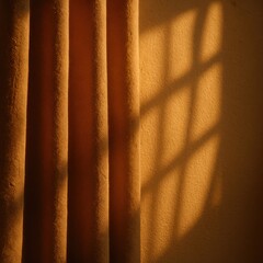 Warm sunlight casting shadows on orange velvet curtains and textured wall
