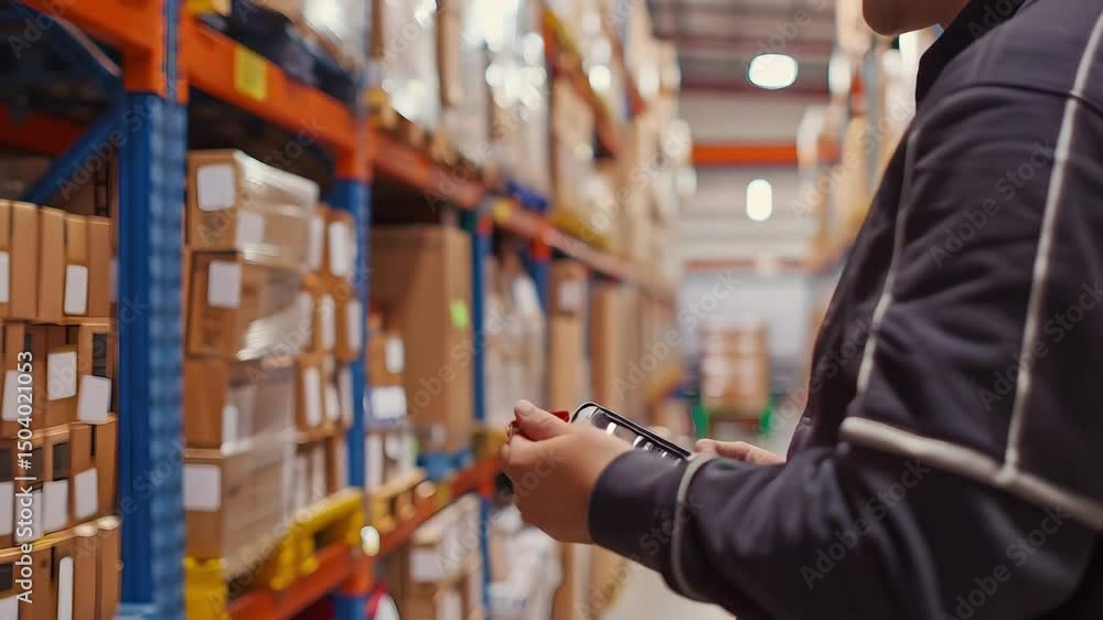 Poster warehouse inventory management with handheld scanner and worker scanning boxes on shelves in storage