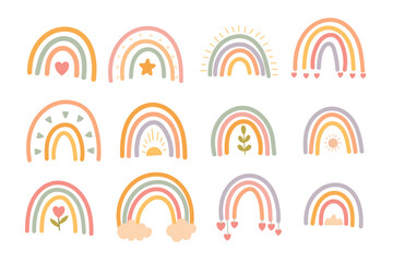 Set of pastel boho rainbows with cute symbols