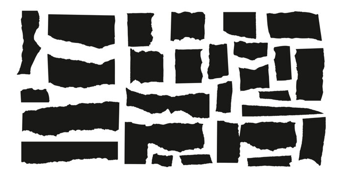 Set of torn papers silhouette. Tear sheet pieces black pack. Blanks with uneven textured edges. Newspapers cutouts. Empty callouts figures for text. Vector hand drawn geometric edged shapes.