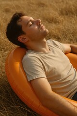 Young caucasian male relaxing on orange inflatable in golden field