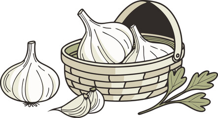 Garlic in Basket on White Background