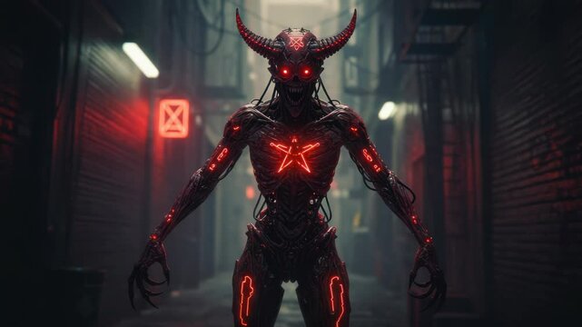 Neon Horror: A Cyberpunk Demon Unleashed in a Grim Alleyway Scene