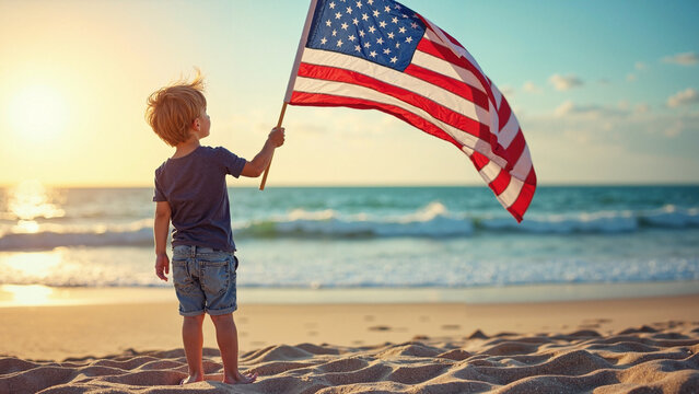 A Proud Child on the Beach with an American Flag at Golden Hour - Perfect for Fourth of July Promotions and Family Vacation Ads