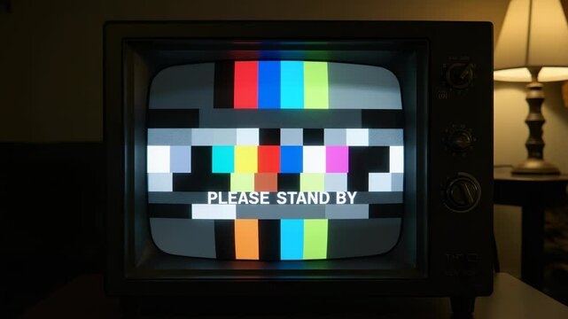 Retro television with color bars and 'Please Stand By' message for technical difficulties