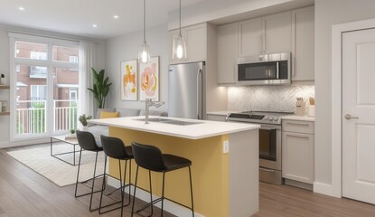 The interior of this luxurious residence boasts beautiful living areas, including a living room with a view of the kitchen, as well as a dining room and kitchen, all tied together by hardwood floors