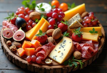 vibrant charcuterie board colorful cheese meats fruits nuts artisan platter textures gourmet delicious arrangement, appetizer, food, spread, classical