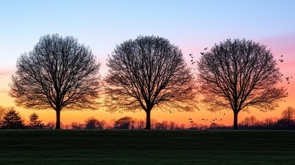 Fototapeta premium Silhouetted trees at sunrise, birds flying, field landscape