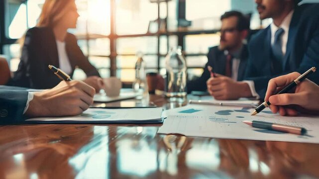 Business meeting in office with teamwork and collaboration discussing financial charts and taking notes for effective business planning