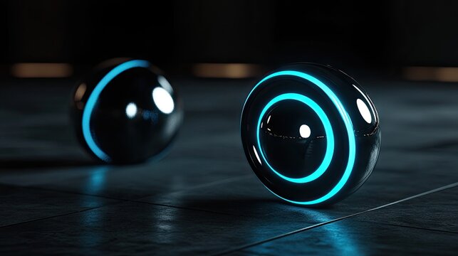 Two luminous spheres rest on a dark surface.