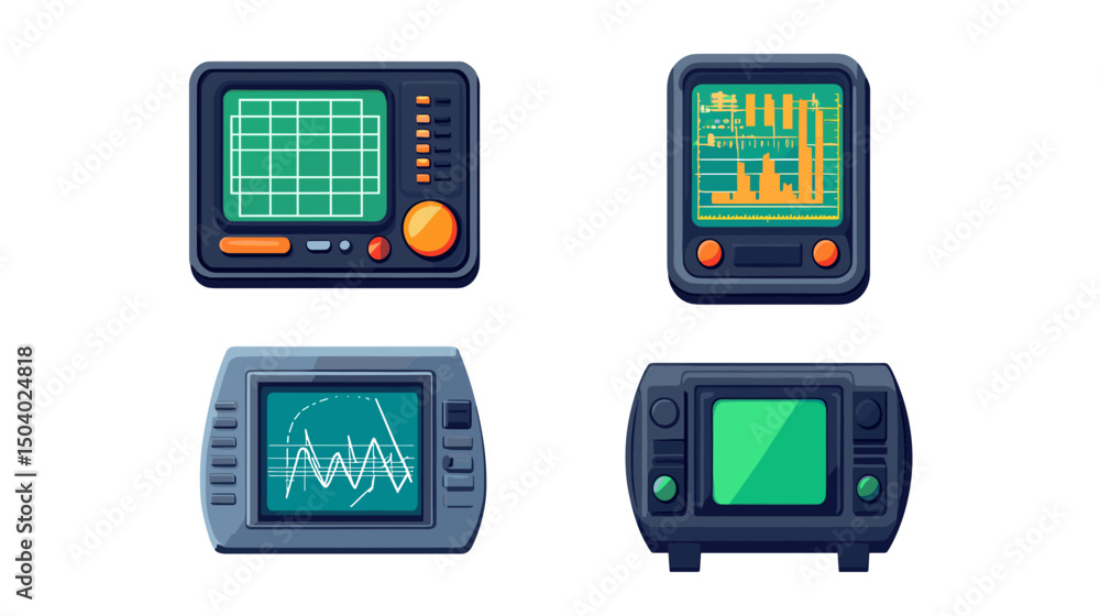 Poster Various Oscilloscopes with Colored Screens and Digital Waveforms in Pixel Art Style Electronics Display
