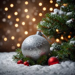 Christmas decoration on a tree, Christmas Holiday background with snowfall
