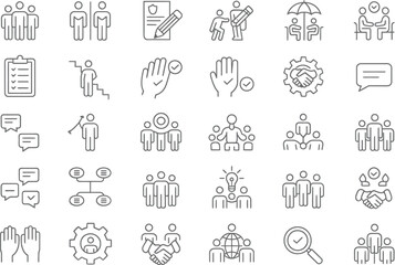 Collection of modern outline icon sets depicting various business and teamwork concepts