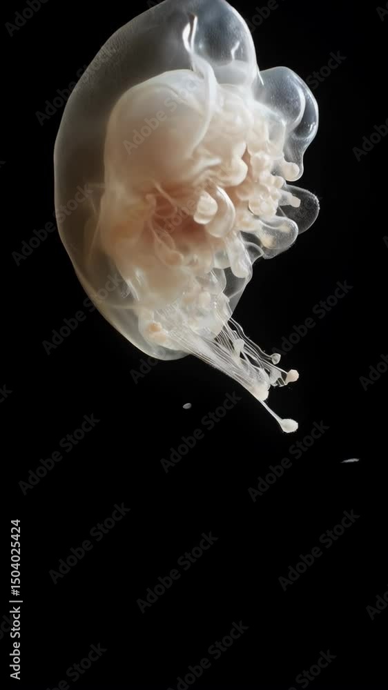 Poster illuminated jellyfish floating in dark waters, exhibiting translucent bell with flowing tentacles an