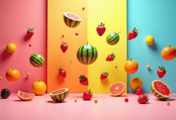vibrant colored backgrounds levitating fruits dynamic composition playful aesthetics artistic visualization, apple, orange, kiwi, grape, berry, pineapple