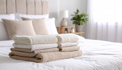 Fototapeta premium A neatly folded stack of fresh linens and bed sheets in a cozy bedroom creates a serene and comfortable atmosphere for relaxation