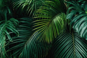 Coconut palm trees are depicted in a perspective view set against a tropical palm leaf background