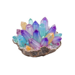 Vibrant cluster of multicolored quartz crystals nestled in a rocky matrix. Unique geological formation. Nature's beauty in crystal form. Perfect for crystal collectors and enthusiasts.