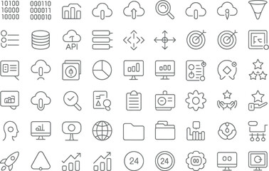 Collection of outline style icons representing data analysis, cloud computing, and business concepts