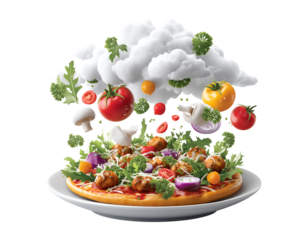A pizza with lots of vegetables, surrounded by white clouds floating in the air, with some olive leaves and tomatoes falling from them on transparent background